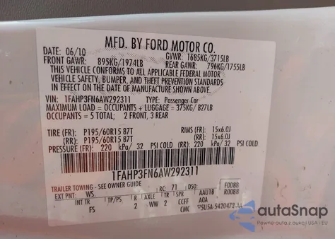 2010 Ford Focus Se из США, поврежденный, VIN 1FAHP3FN6AW292311